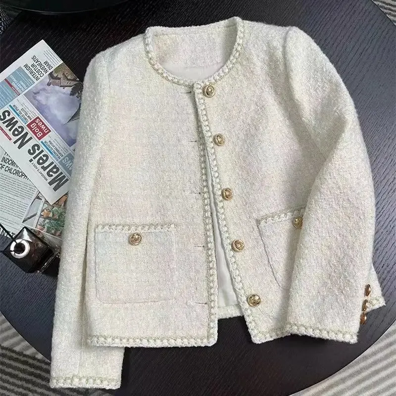 Classic White  Round Neck Woolen Tweed Jacket