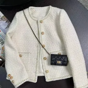 Classic White  Round Neck Woolen Tweed Jacket