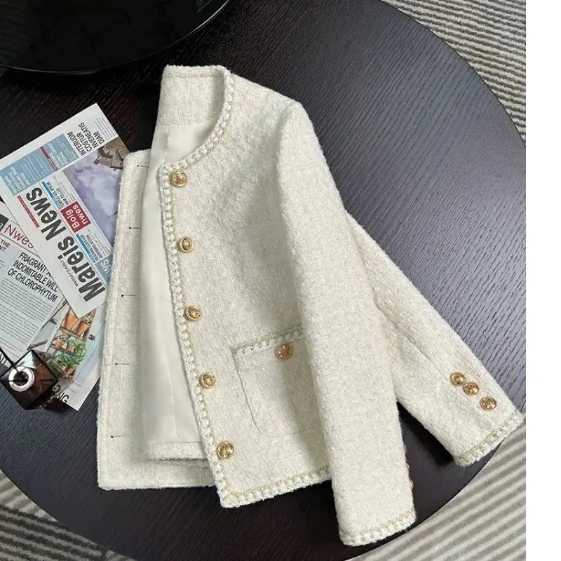 Classic White  Round Neck Woolen Tweed Jacket