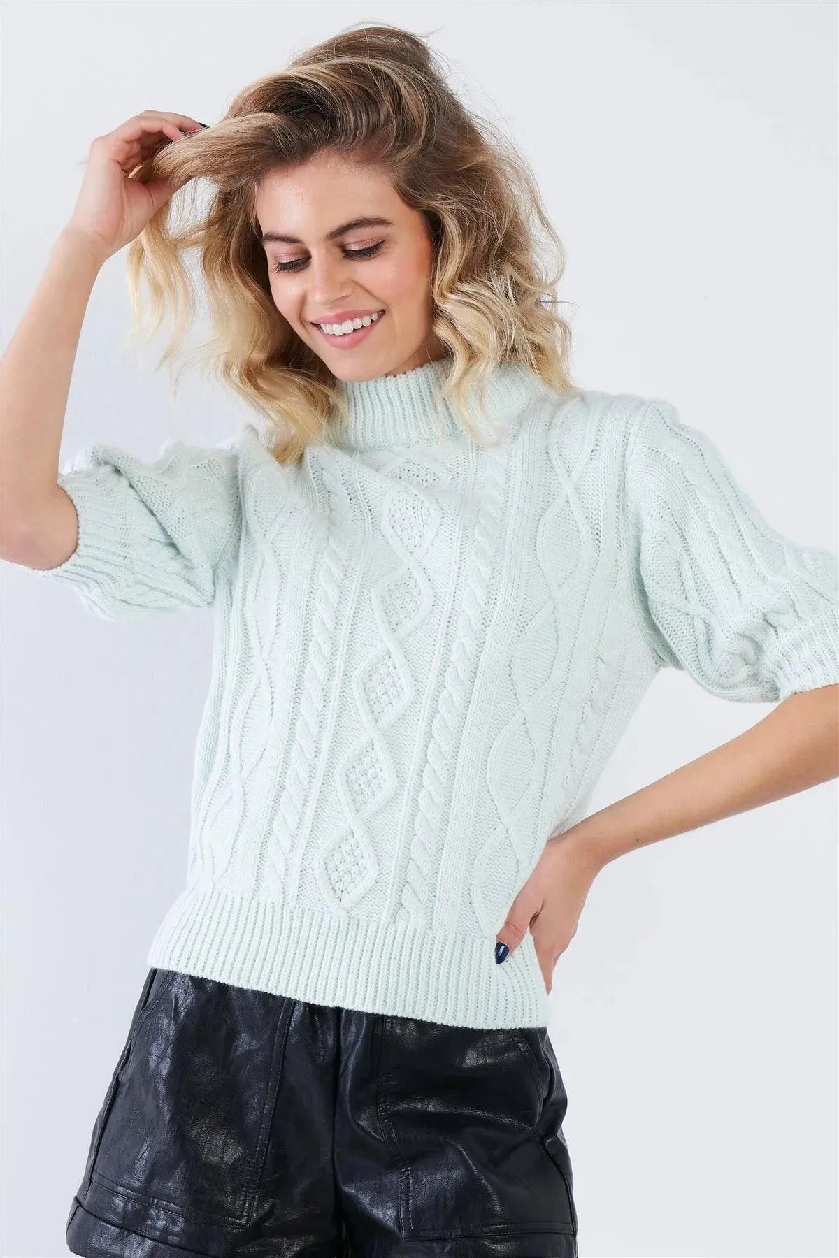 Cloud Blue Cable Knit Casual 3/4 Sleeve Mock Neck Chic Sweater