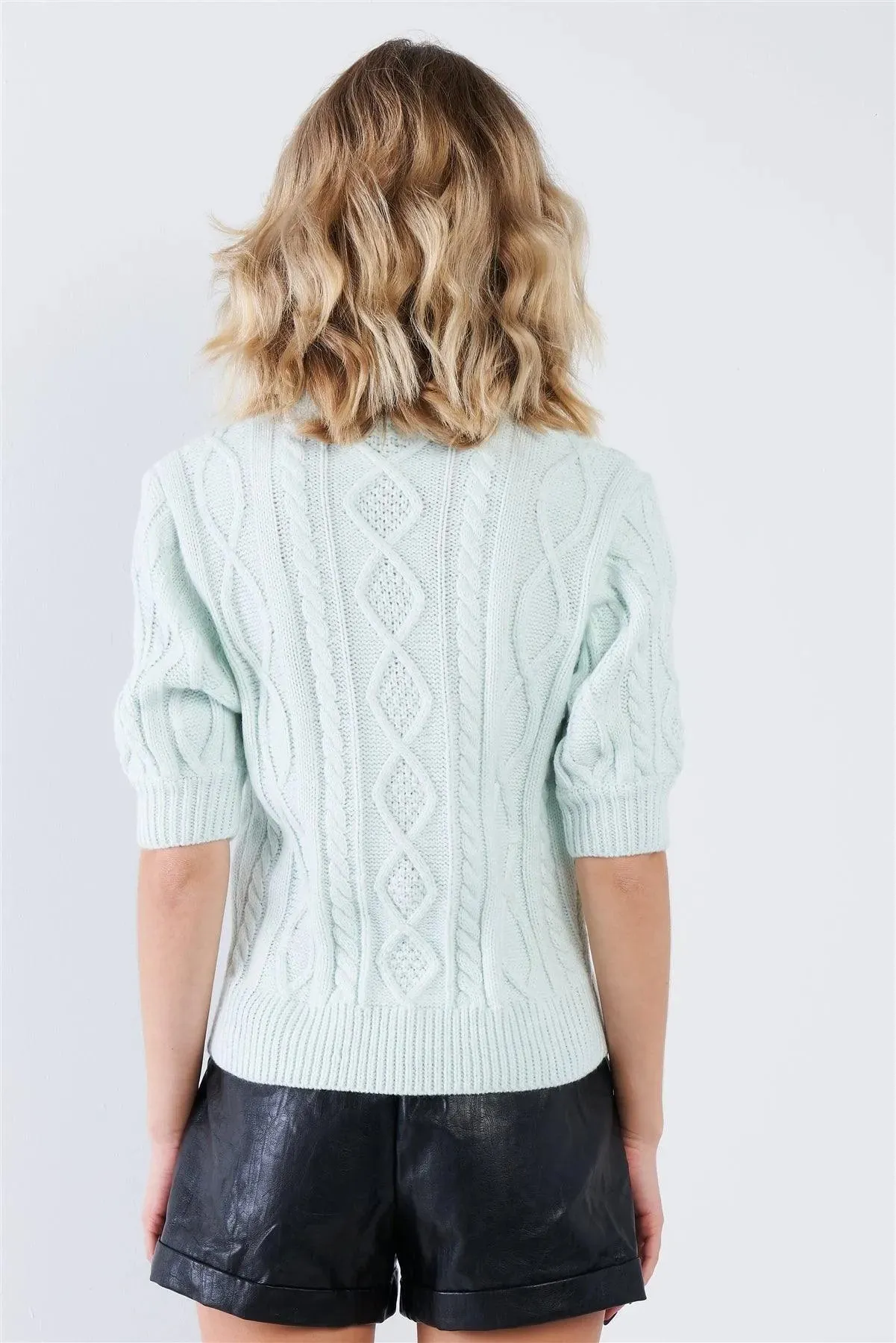 Cloud Blue Cable Knit Casual 3/4 Sleeve Mock Neck Chic Sweater