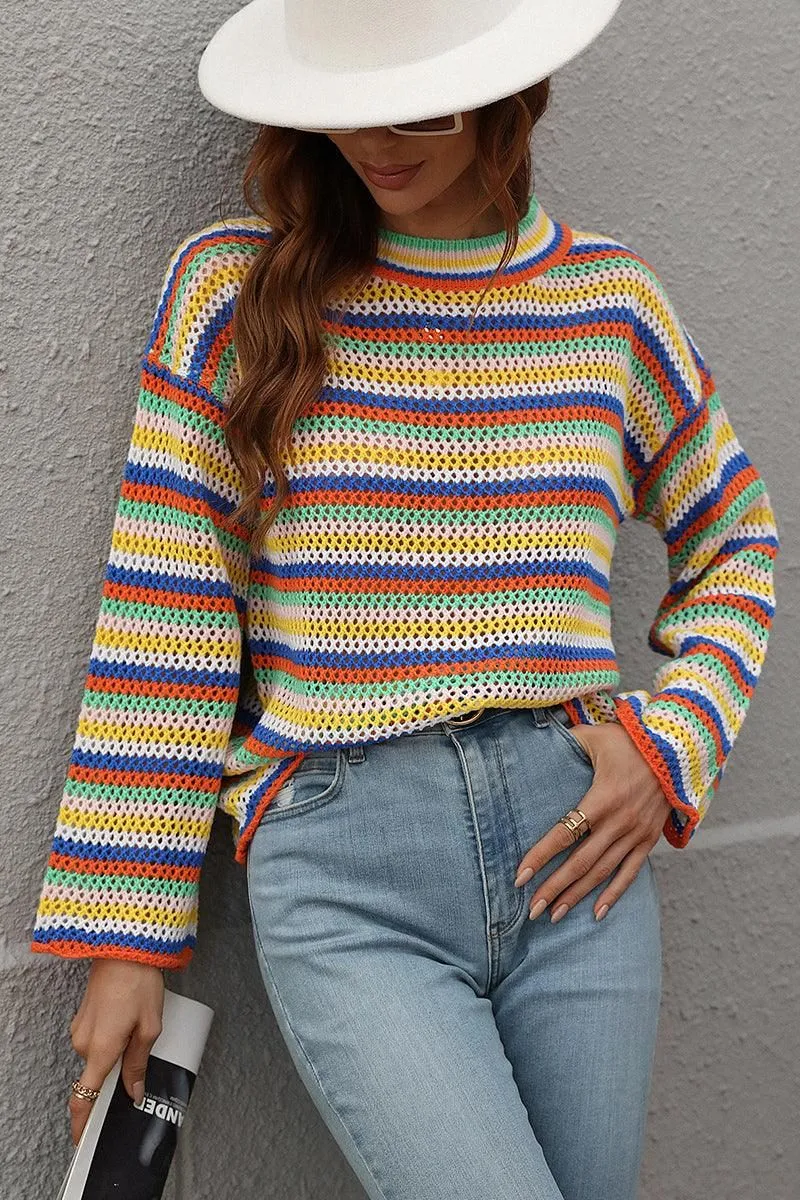 COLOR STRIPE KNIT PULL OVER SWEATER TOP