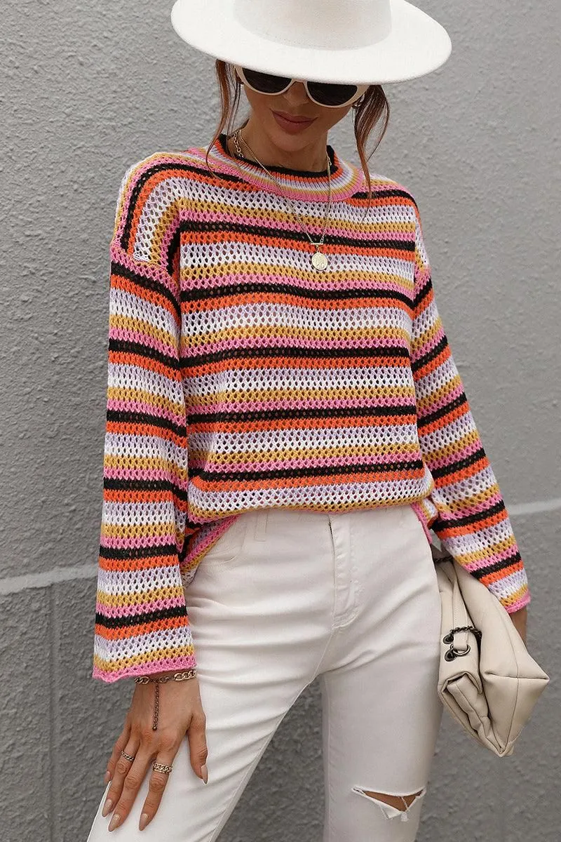 COLOR STRIPE KNIT PULL OVER SWEATER TOP