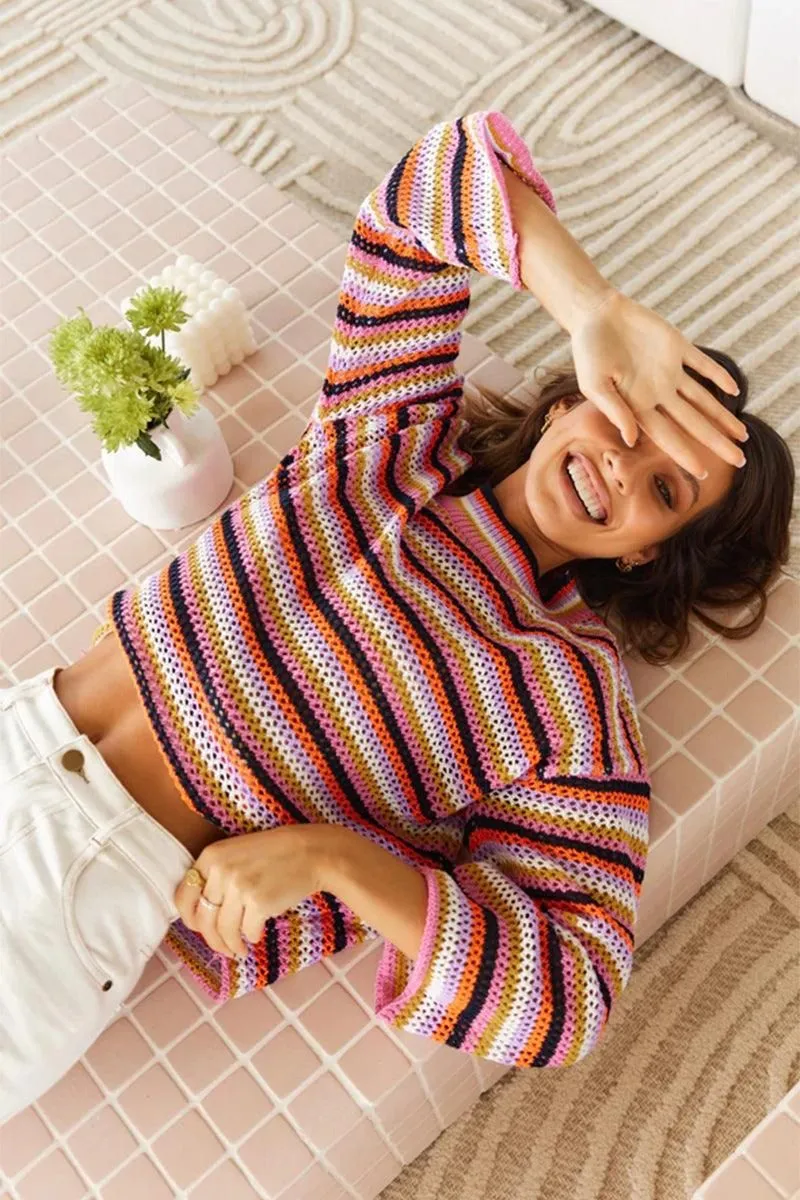 COLOR STRIPE KNIT PULL OVER SWEATER TOP