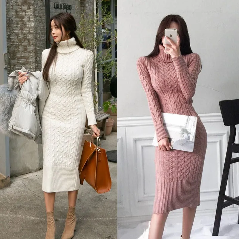 Cream and Pink Ladies Roll Neck Knitted Figure Hugging Maxi Dress