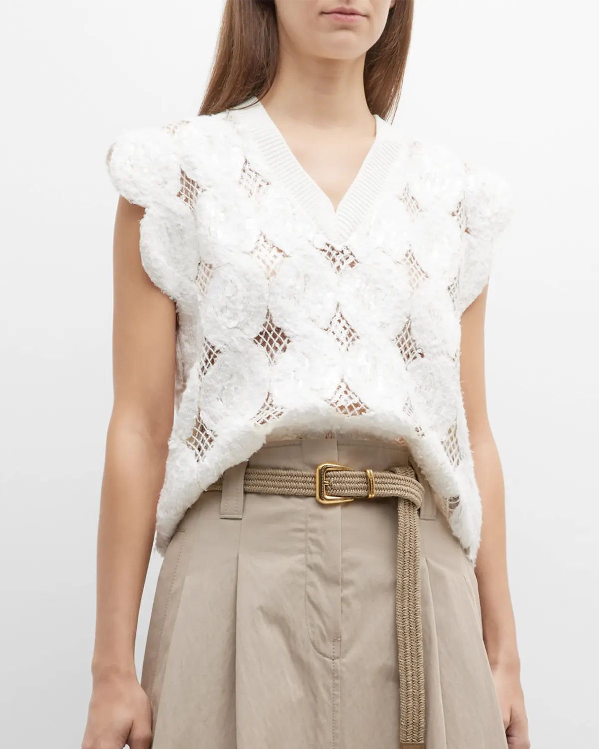 Cream Rose Embroidered V Neck Pullover