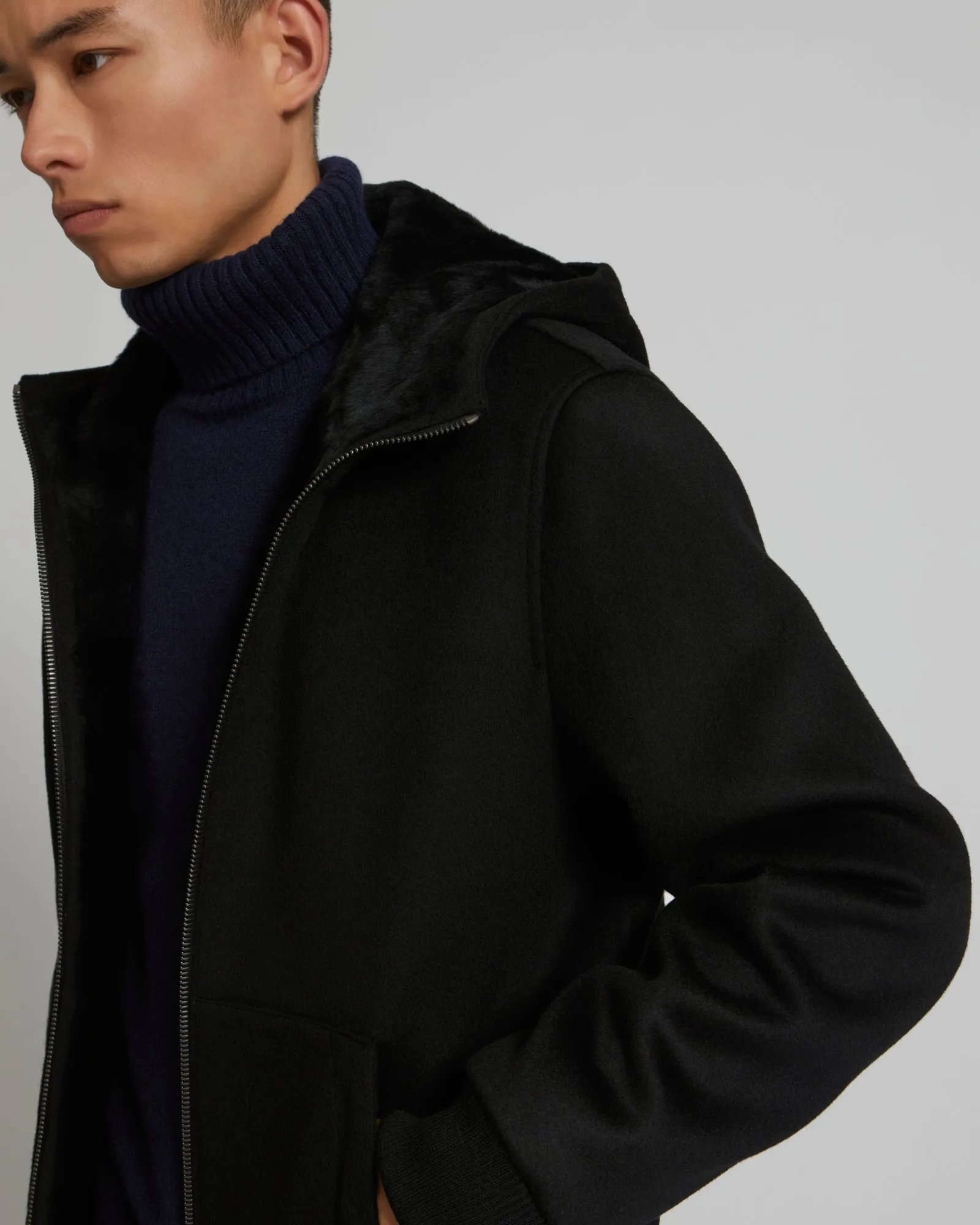 Double-Sided Wool-Cashmere Fabric Hoodie With Shearling Lining