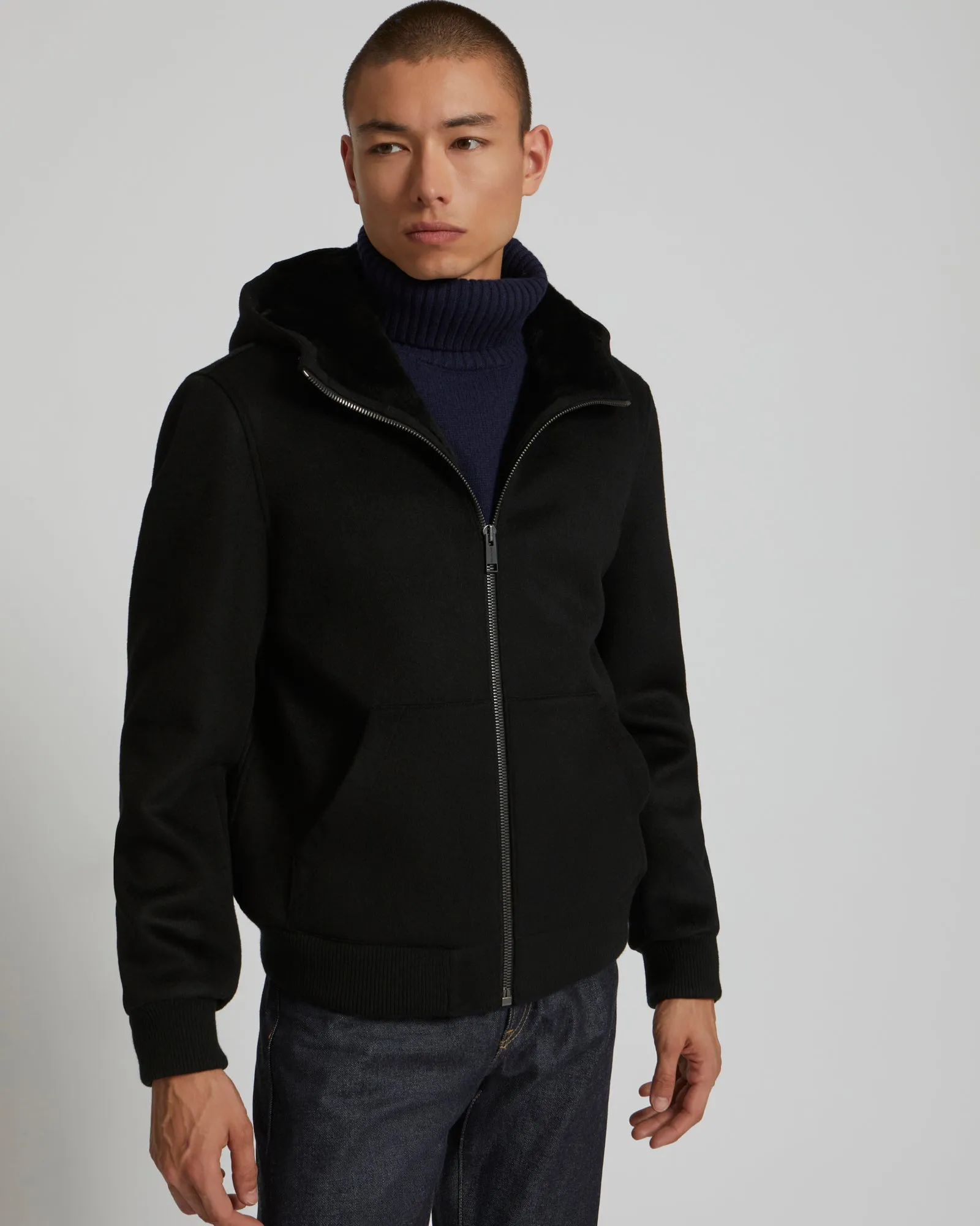 Double-Sided Wool-Cashmere Fabric Hoodie With Shearling Lining