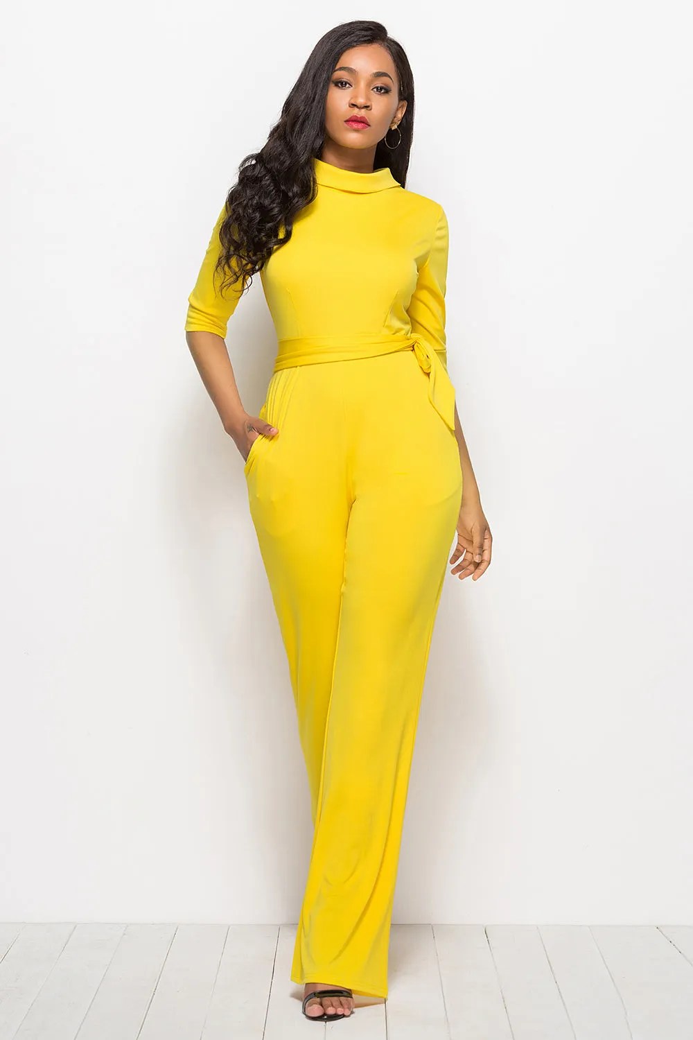 Effortless Elegance: Mock Neck Tie-Waist Half Sleeve Jumpsuit