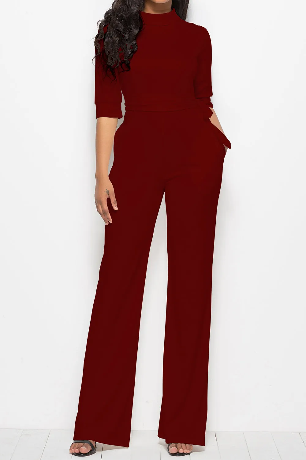 Effortless Elegance: Mock Neck Tie-Waist Half Sleeve Jumpsuit