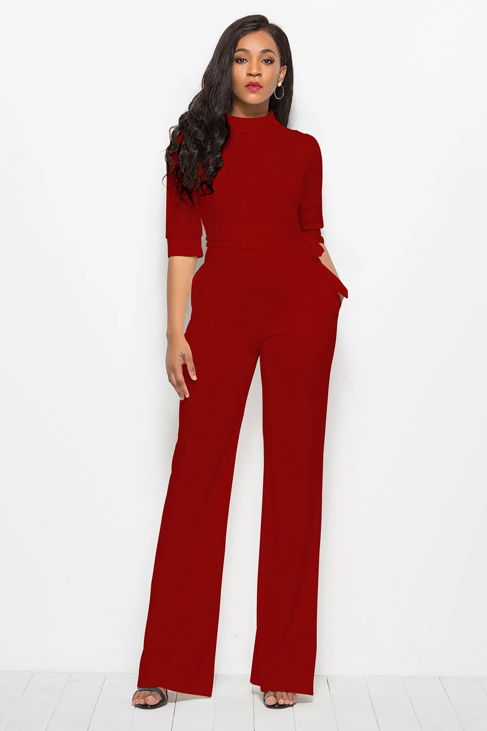 Effortless Elegance: Mock Neck Tie-Waist Half Sleeve Jumpsuit