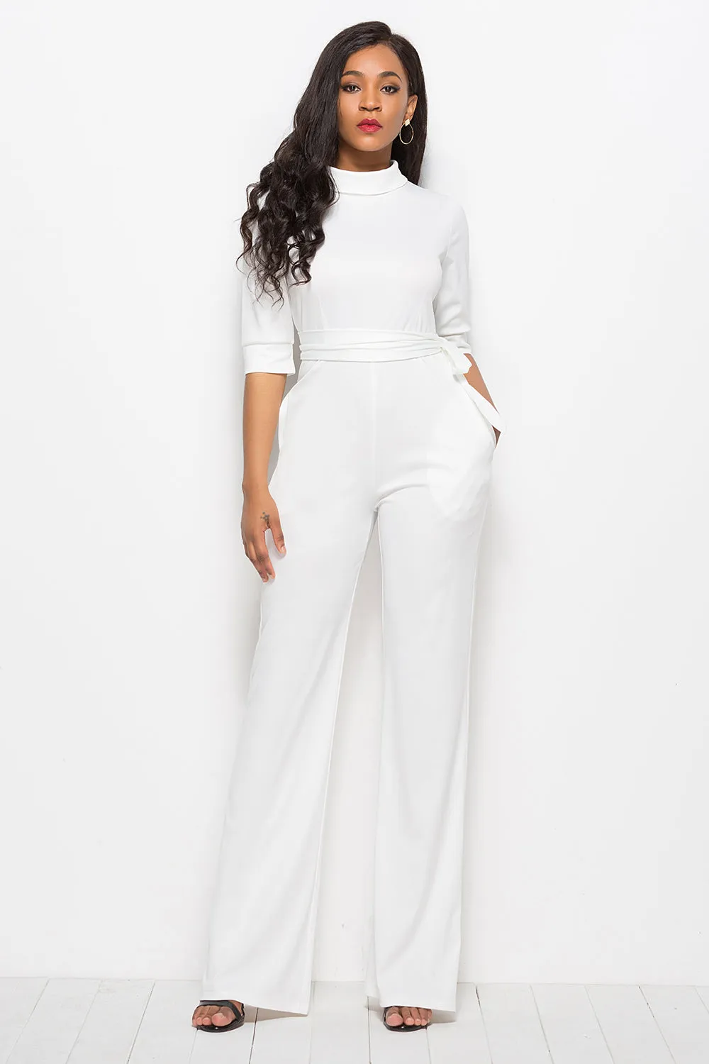 Effortless Elegance: Mock Neck Tie-Waist Half Sleeve Jumpsuit