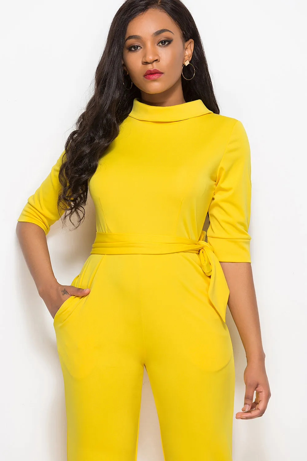 Effortless Elegance: Mock Neck Tie-Waist Half Sleeve Jumpsuit