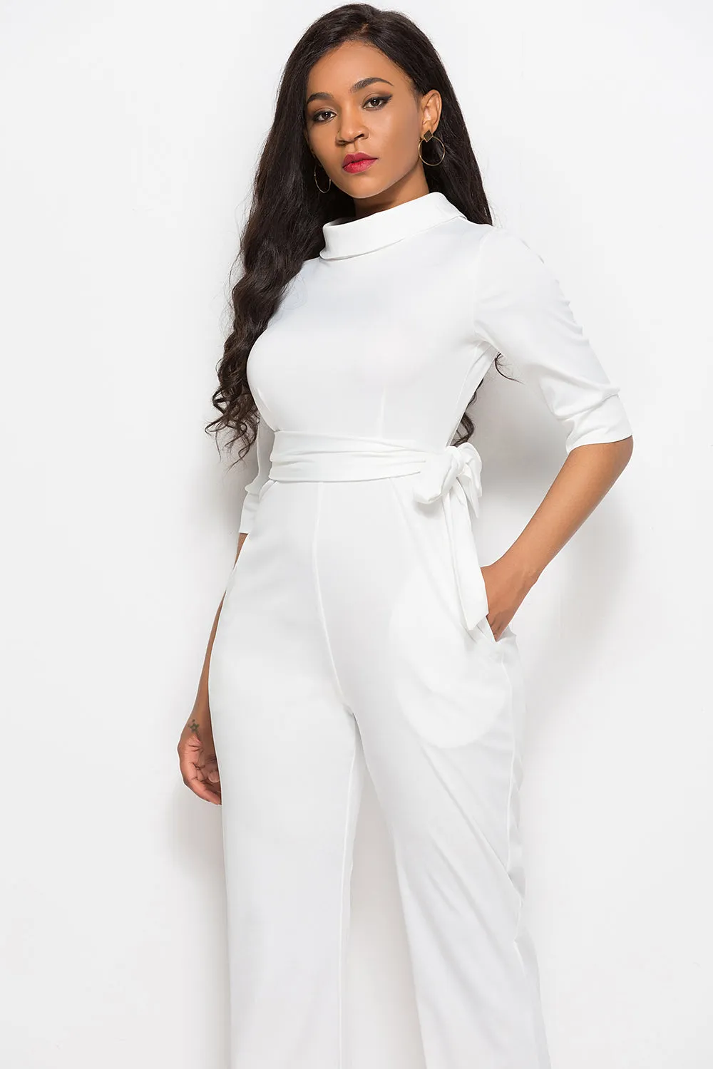 Effortless Elegance: Mock Neck Tie-Waist Half Sleeve Jumpsuit