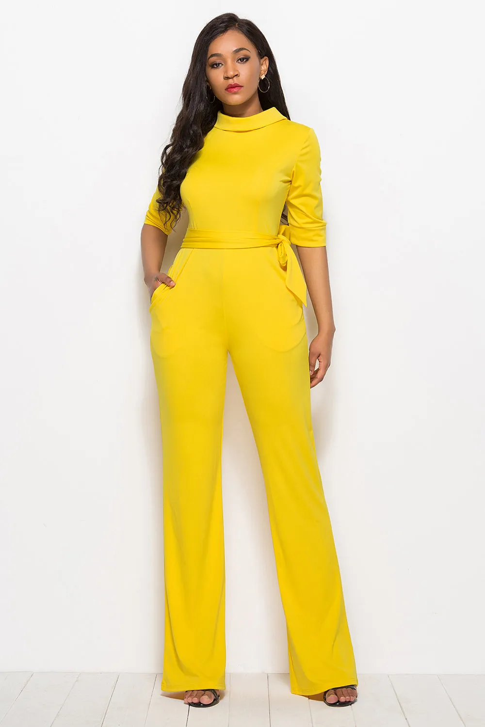 Effortless Elegance: Mock Neck Tie-Waist Half Sleeve Jumpsuit