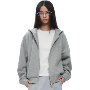 Embroidered Logo Short Wide Zip Fleece Hoodie In Gray