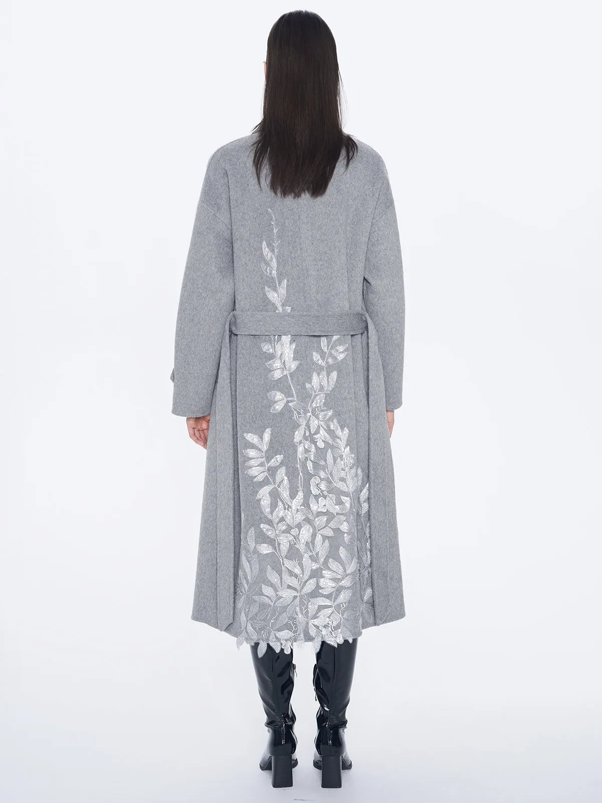 Embroidery Longline Wool Coat