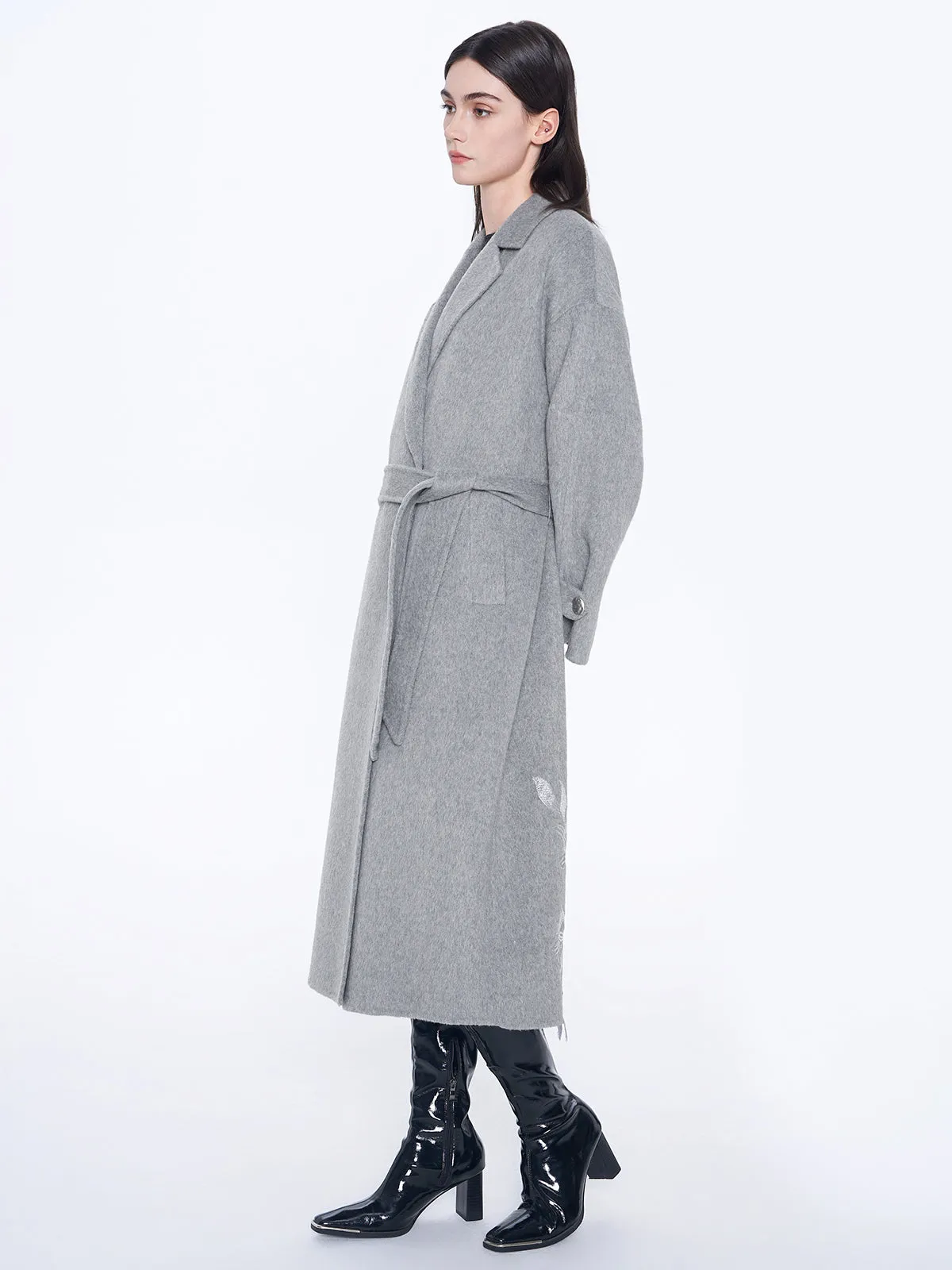 Embroidery Longline Wool Coat