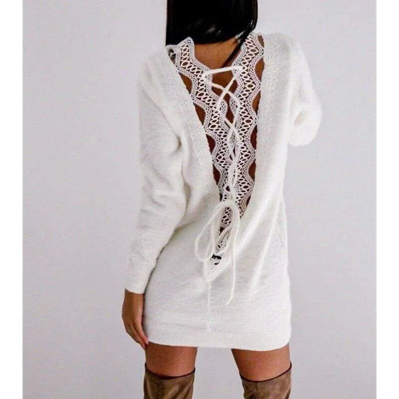 FashionSierra - Women Long Sleeve Knitted Sweater Mini Dress Fashion Autumn Winter Lady Backless Party Club Casual Jumper Dress