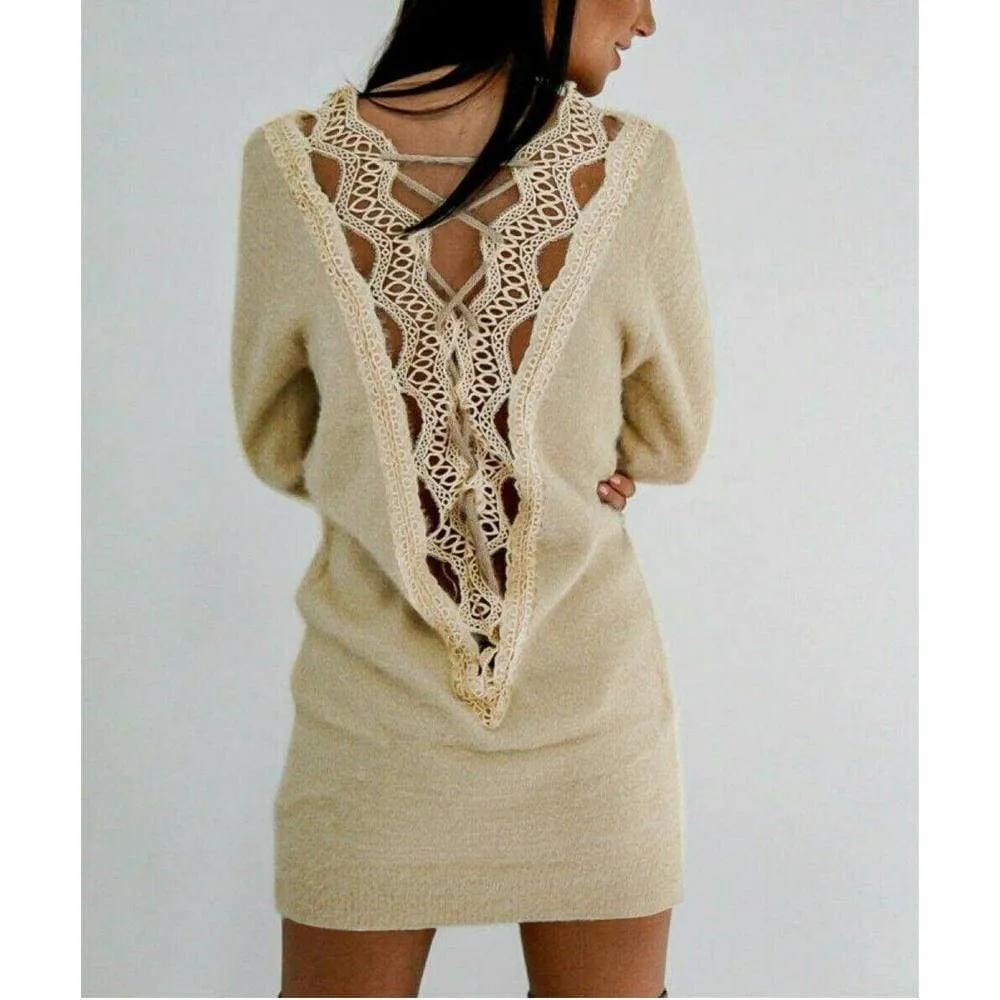 FashionSierra - Women Long Sleeve Knitted Sweater Mini Dress Fashion Autumn Winter Lady Backless Party Club Casual Jumper Dress