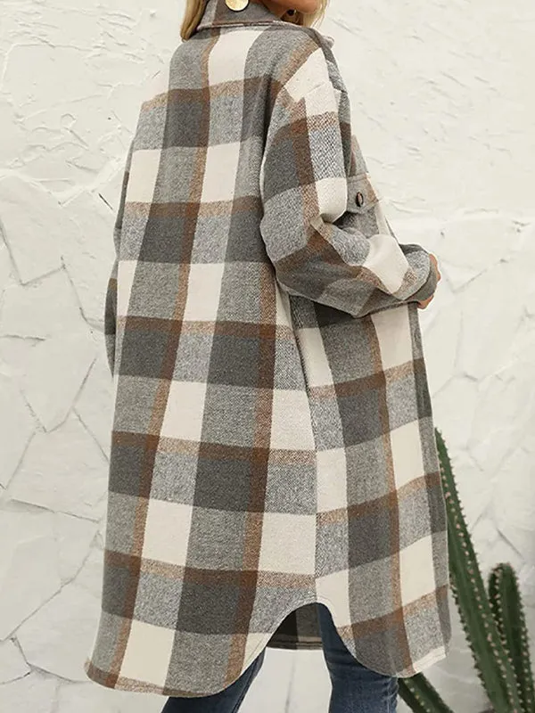 Faux Wool Plaid Windbreaker Longline Coat