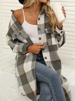 Faux Wool Plaid Windbreaker Longline Coat