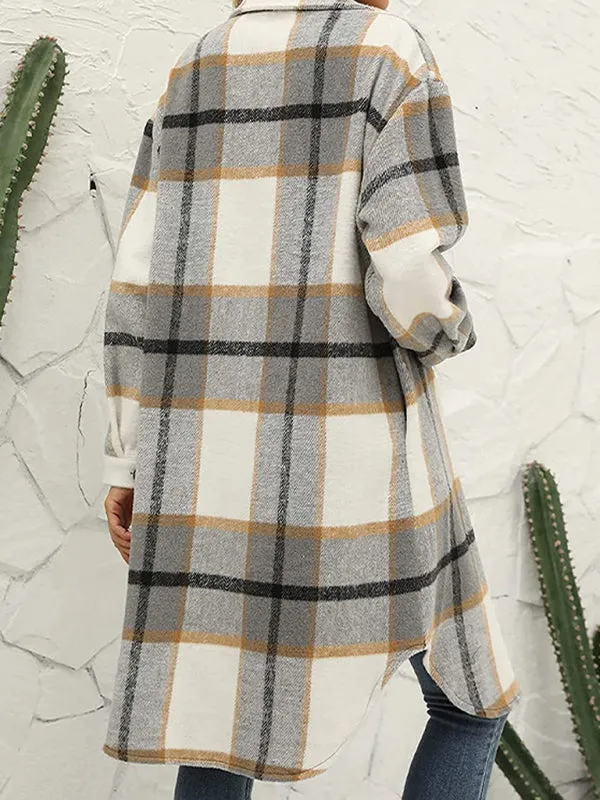 Faux Wool Plaid Windbreaker Longline Coat