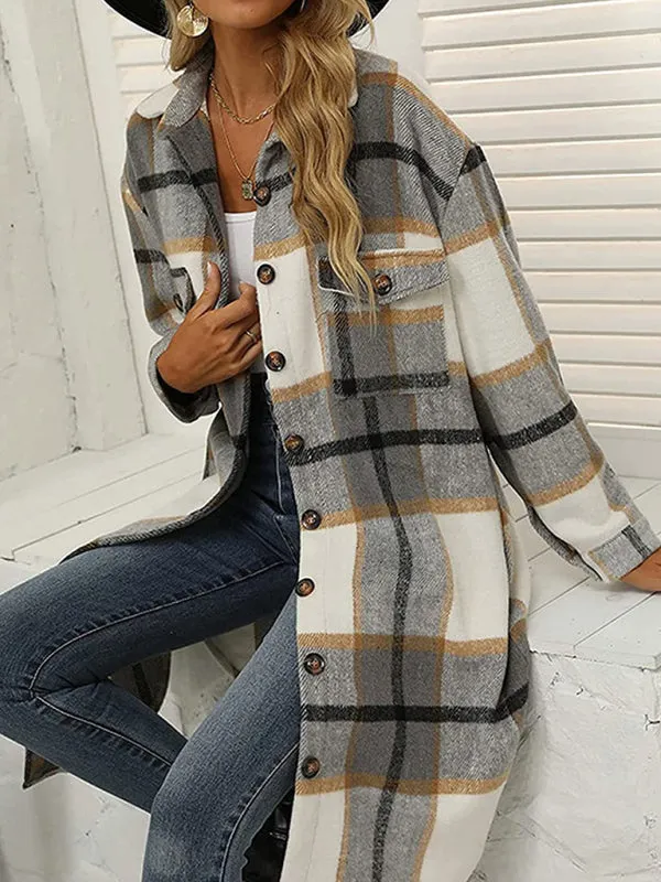 Faux Wool Plaid Windbreaker Longline Coat