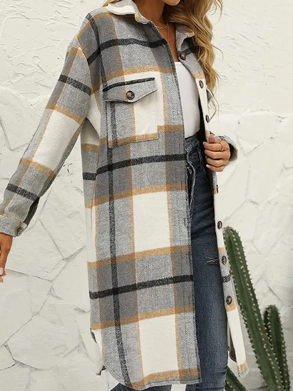 Faux Wool Plaid Windbreaker Longline Coat