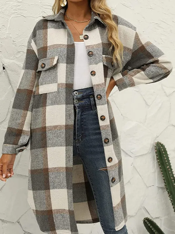 Faux Wool Plaid Windbreaker Longline Coat