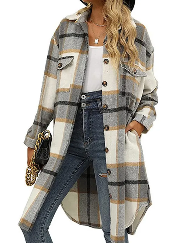 Faux Wool Plaid Windbreaker Longline Coat