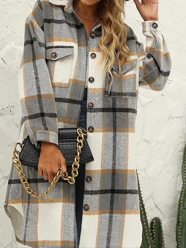 Faux Wool Plaid Windbreaker Longline Coat