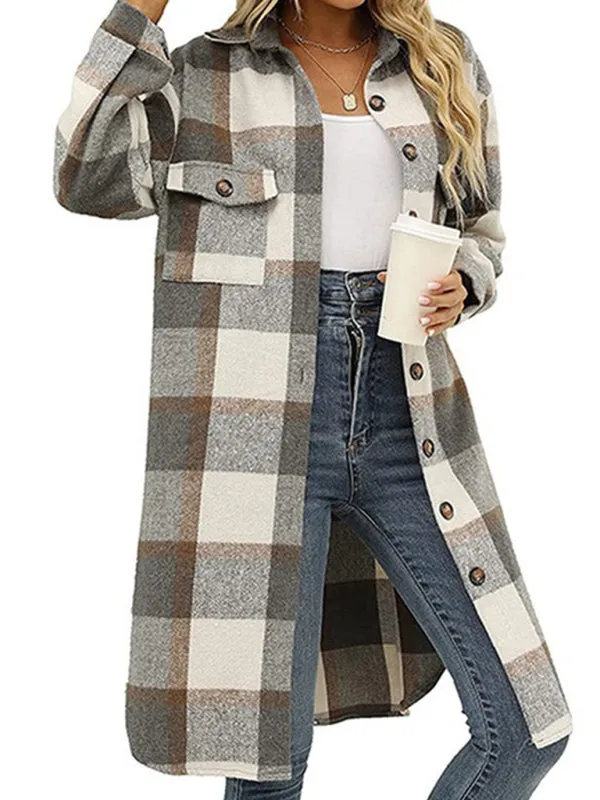 Faux Wool Plaid Windbreaker Longline Coat