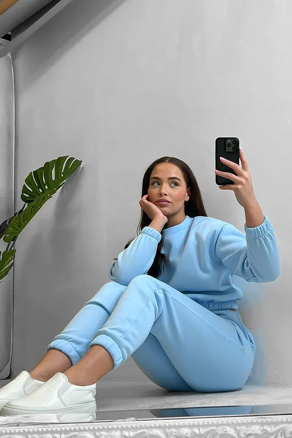 FLEECE CROP TIE UP SWEATSHIRT & JOGGER BLUE TRACKSUIT SET