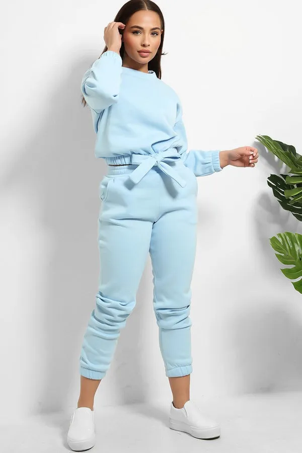 FLEECE CROP TIE UP SWEATSHIRT & JOGGER BLUE TRACKSUIT SET