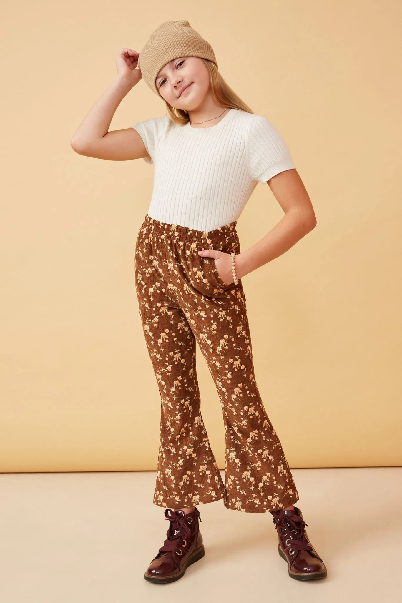 Floral Print Corduroy Bell Bottoms Pants