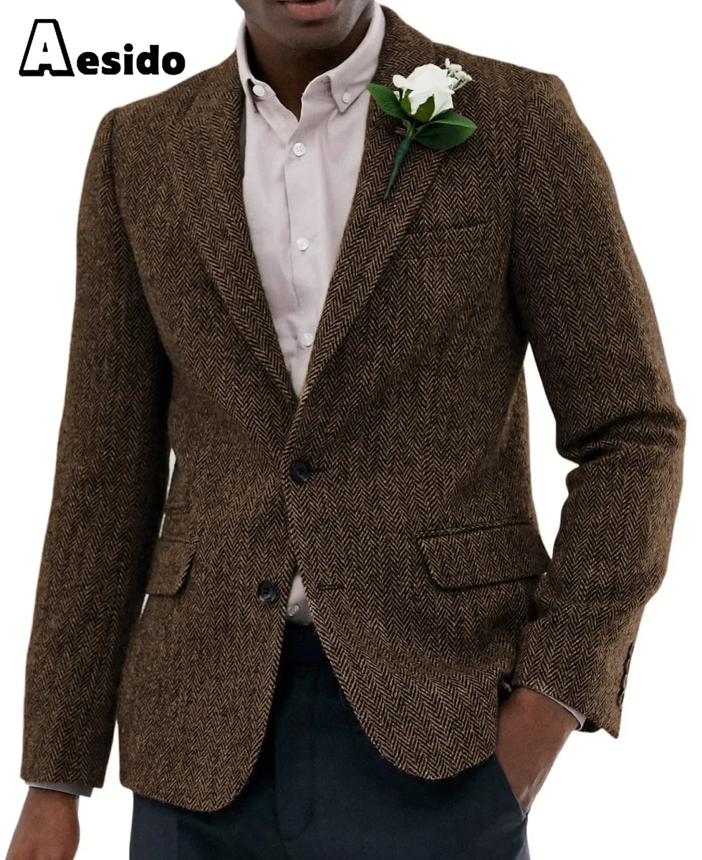 Formal Men's Wool Herringbone Notch Lapel Blazer