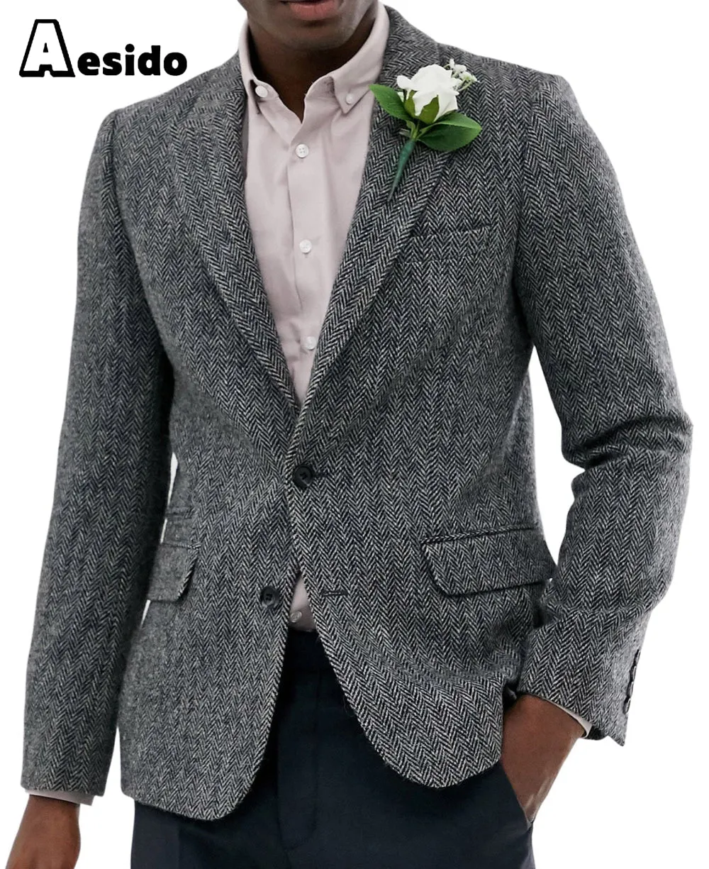 Formal Men's Wool Herringbone Notch Lapel Blazer