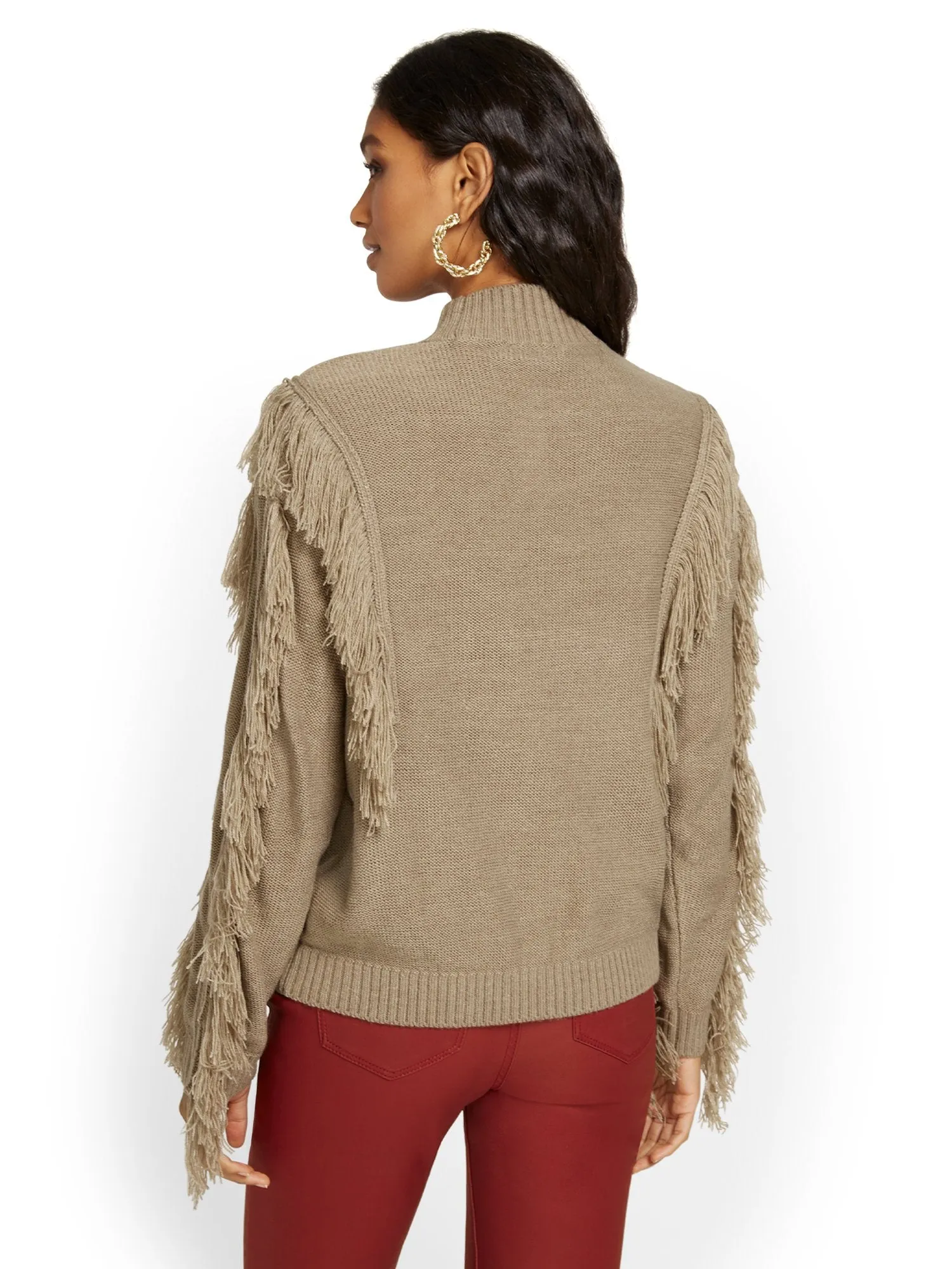 Fringe-Detail Mock-Neck Pullover Sweater