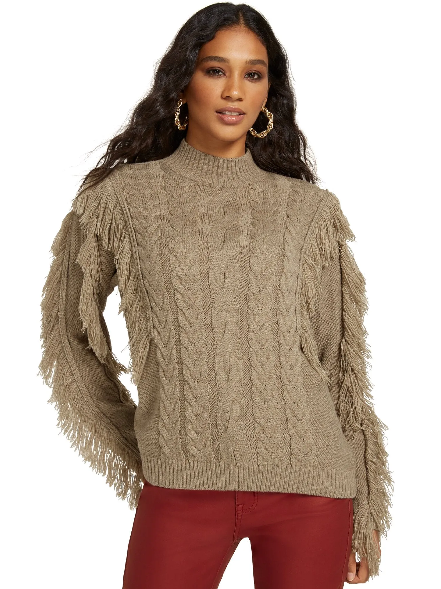 Fringe-Detail Mock-Neck Pullover Sweater