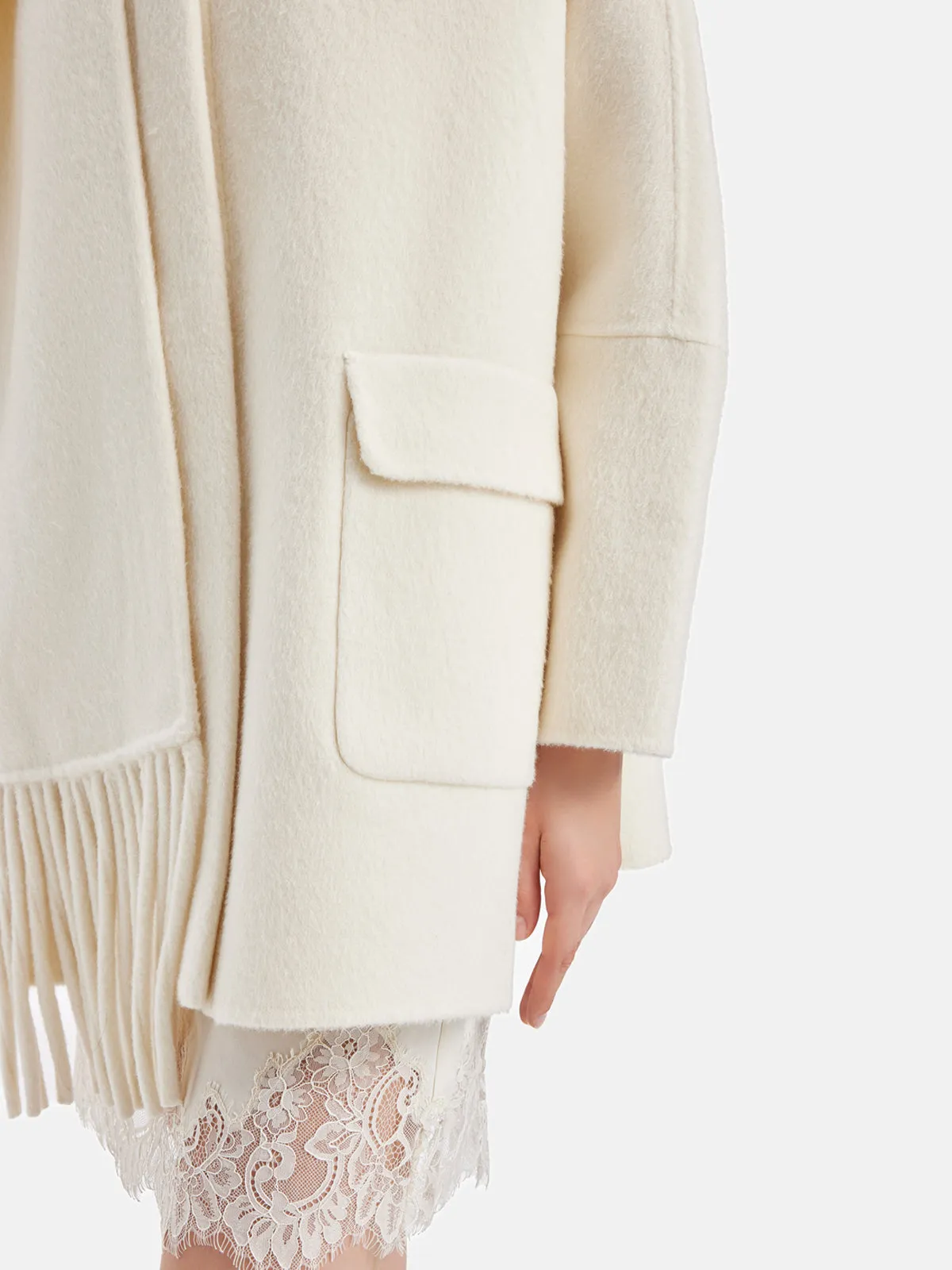 Fringe Neck Scarf Cashmere Coat