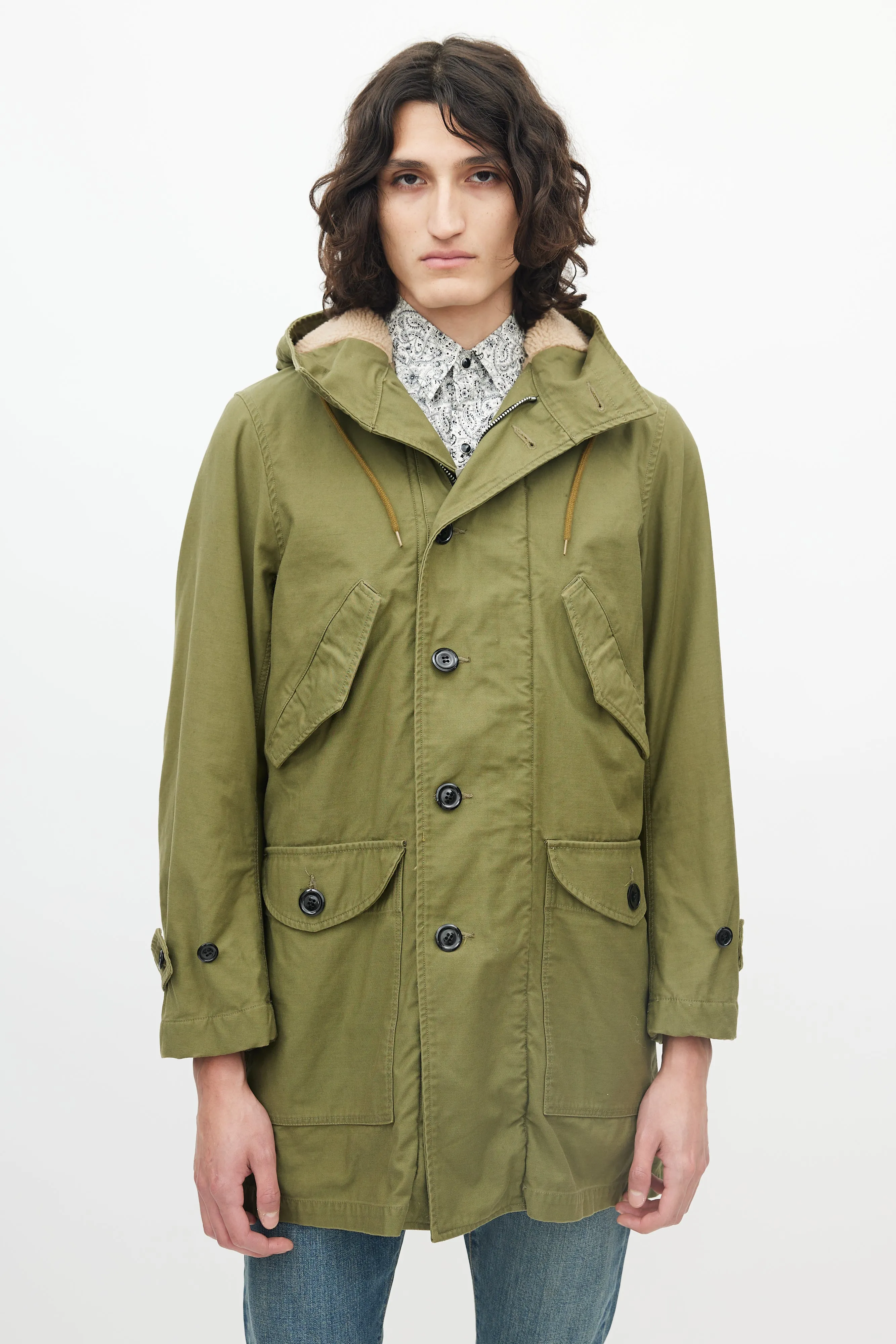 Green Cargo Faux Shearling Hooded Parka