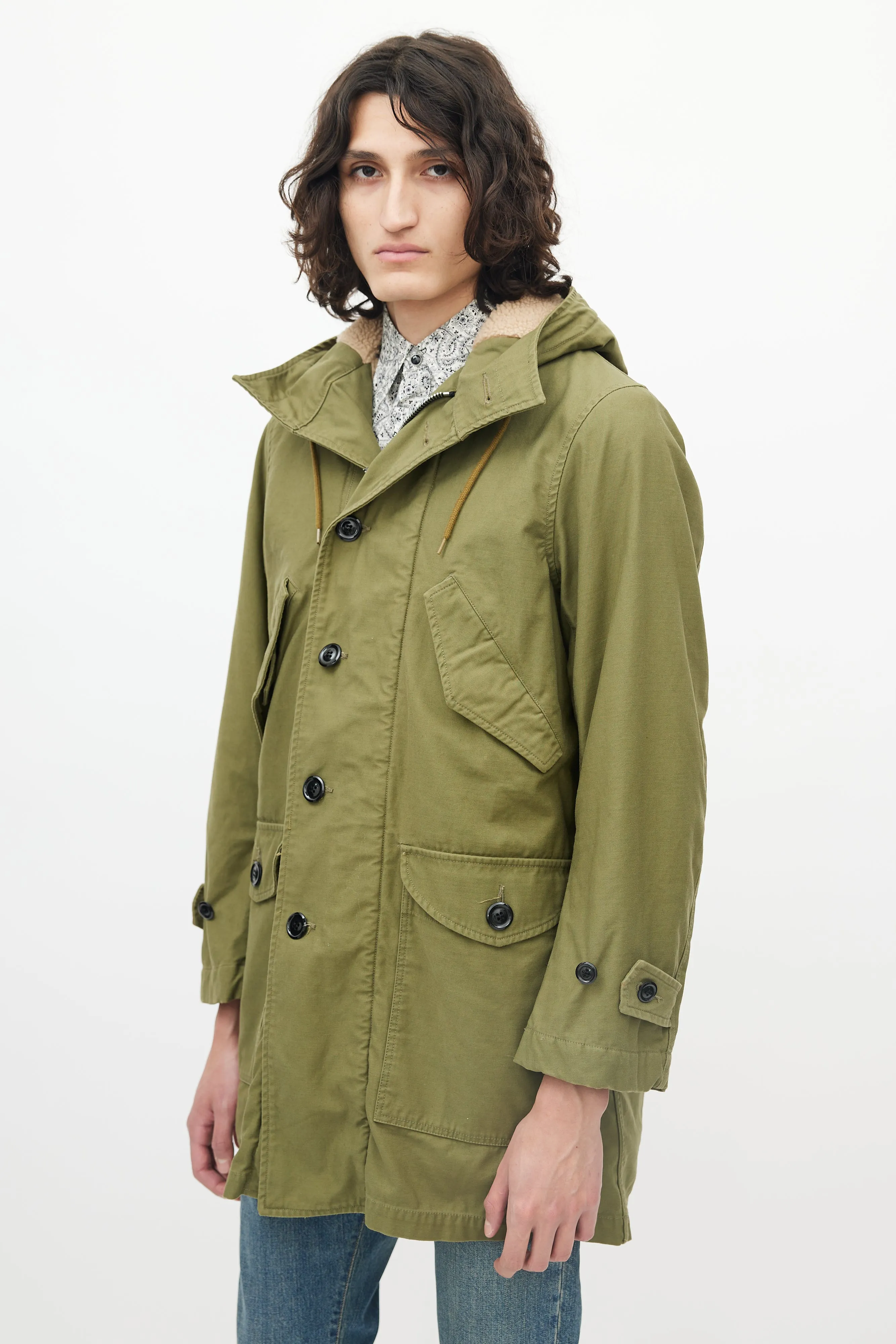 Green Cargo Faux Shearling Hooded Parka