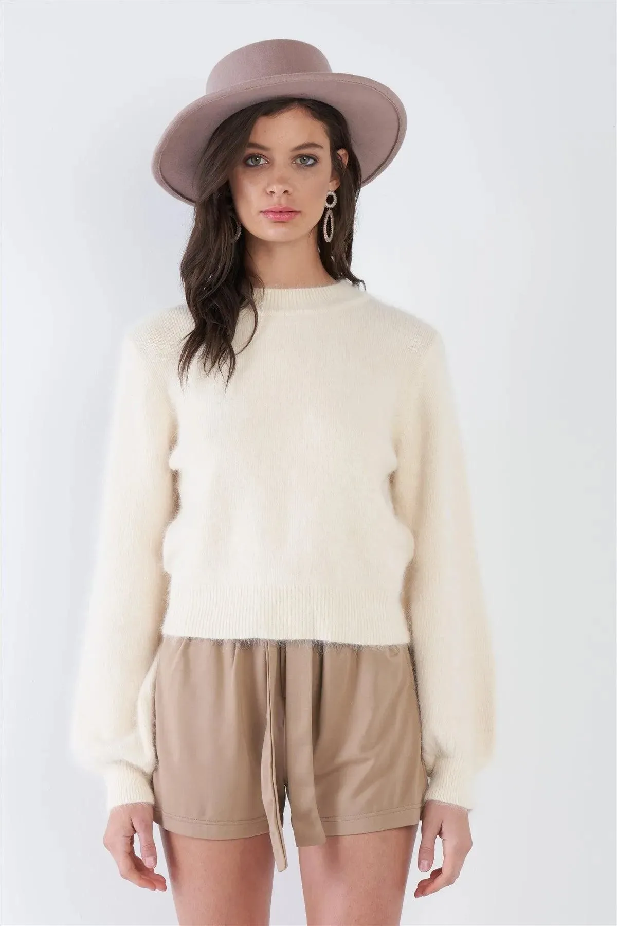 Hairy Cream Beige Mock Neck Chic Long Sleeve Sweater  /1-2-2-1