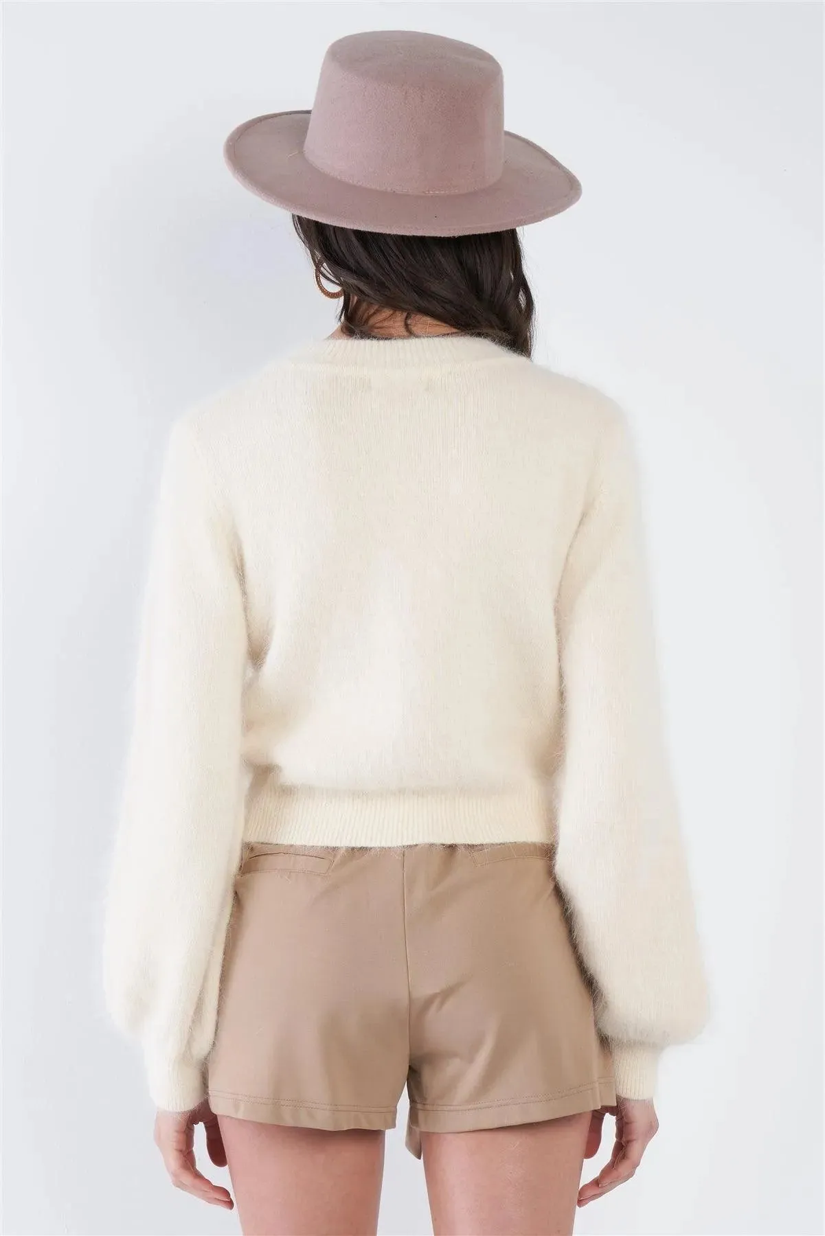 Hairy Cream Beige Mock Neck Chic Long Sleeve Sweater  /1-2-2-1