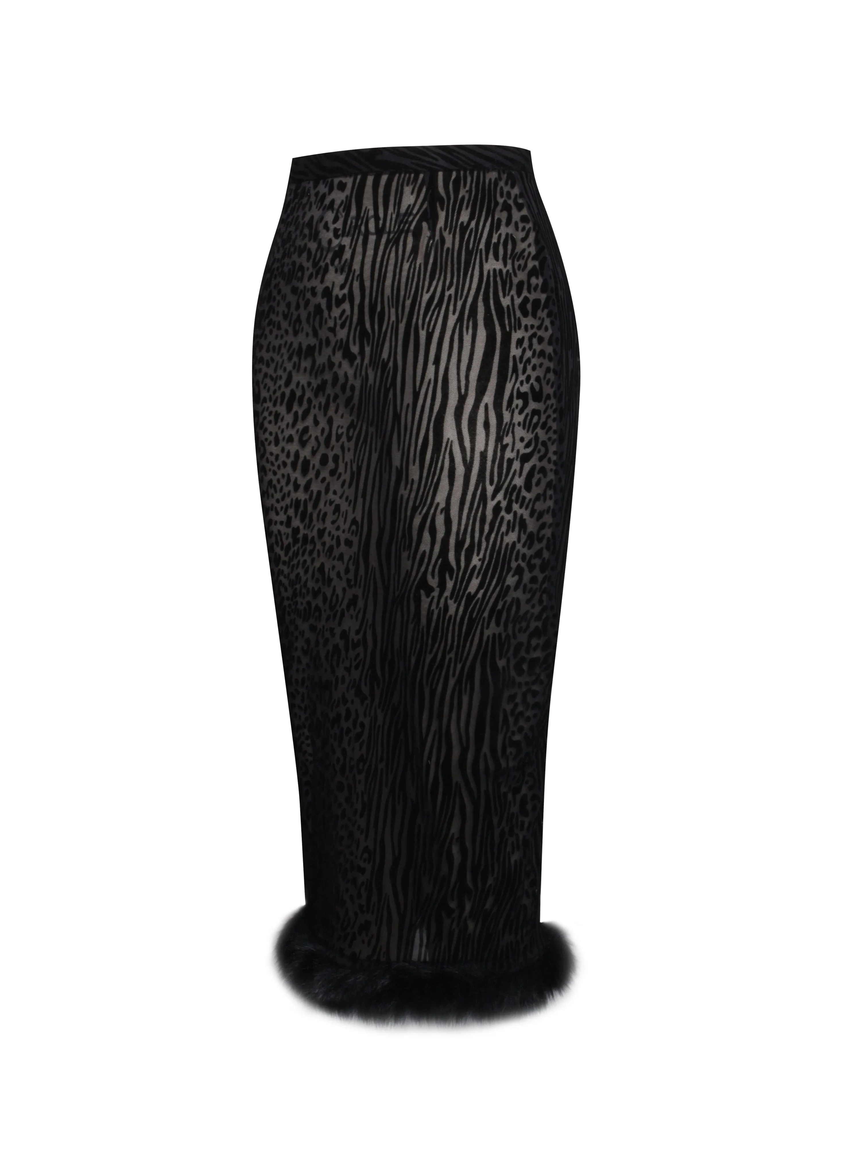 Halia Black Animal Print Burnout Velvet Fur Trim Skirt