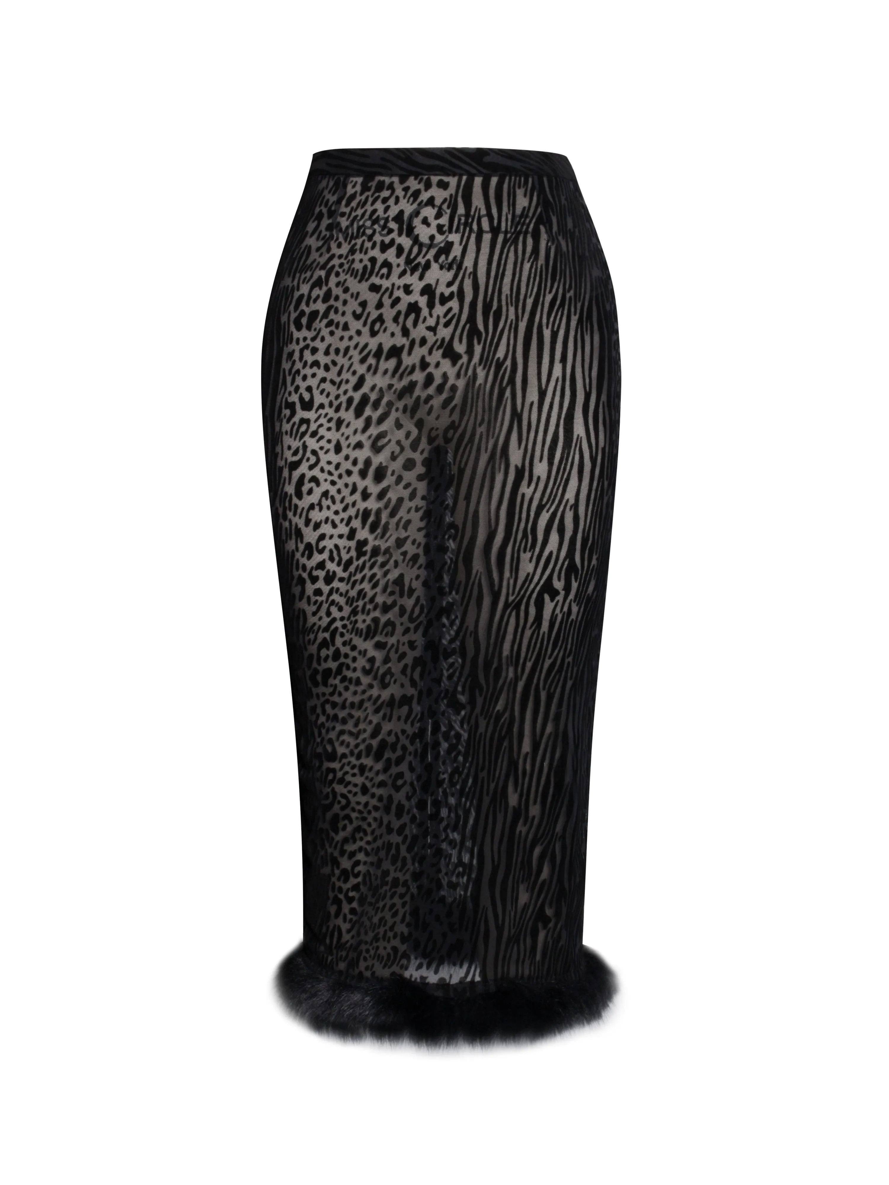 Halia Black Animal Print Burnout Velvet Fur Trim Skirt