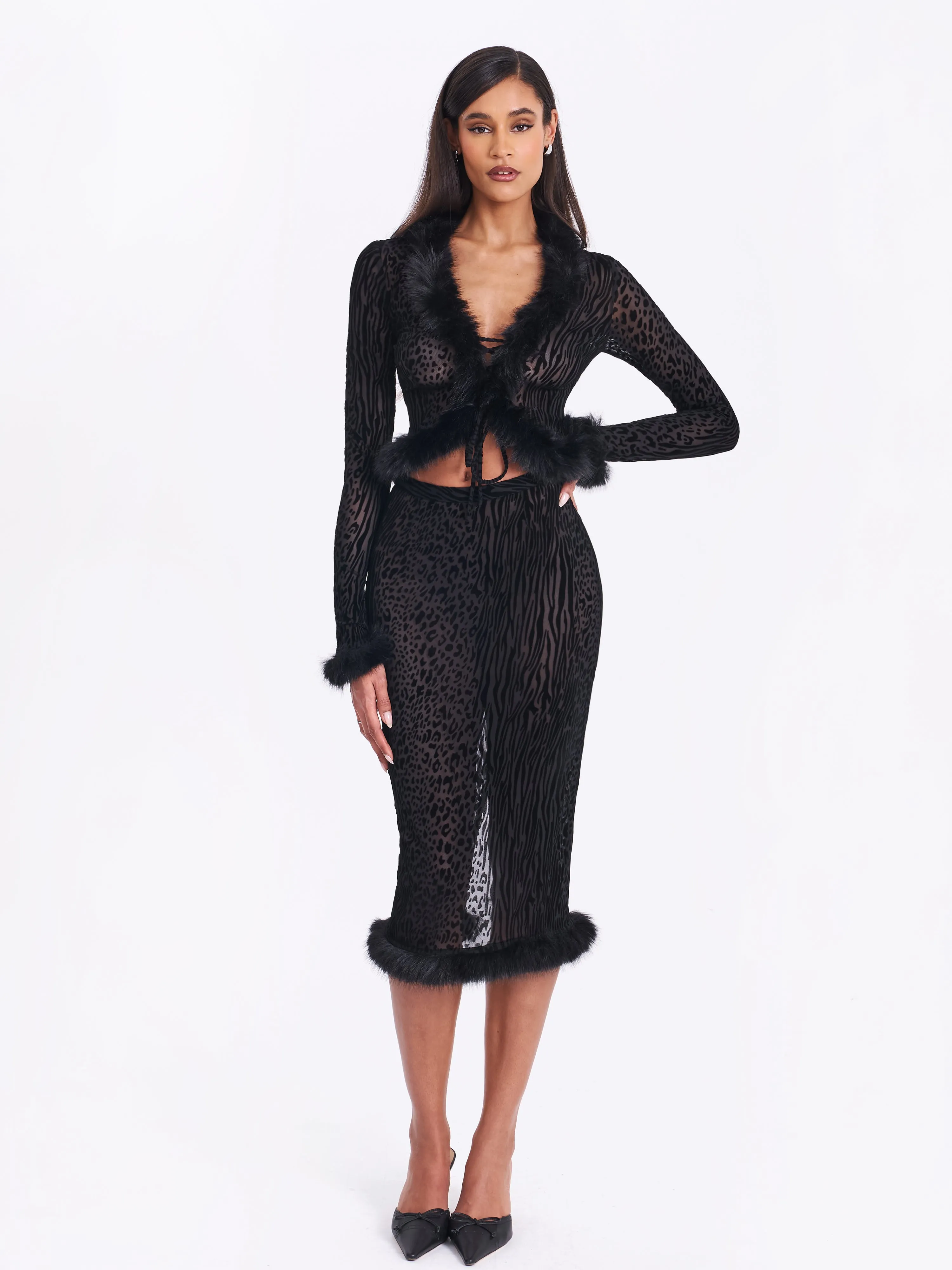 Halia Black Animal Print Burnout Velvet Fur Trim Skirt