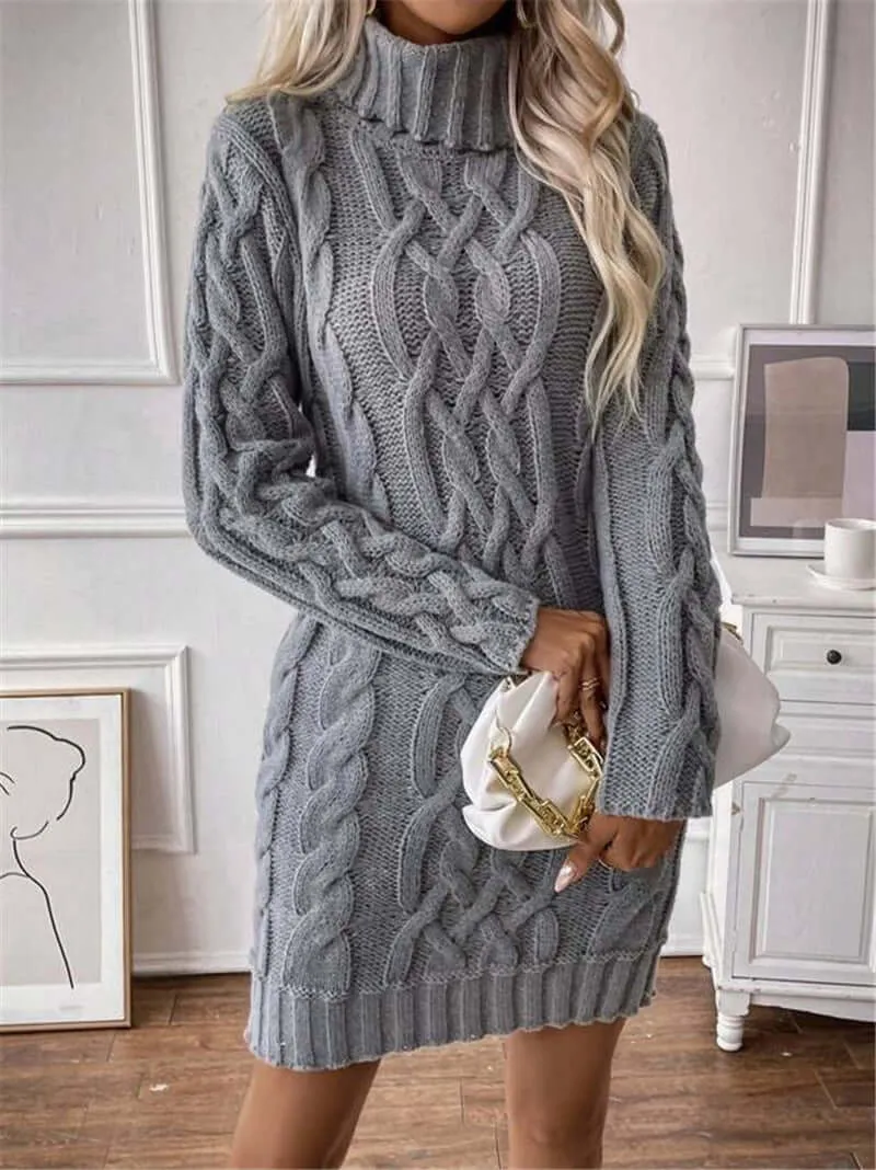 High Collar Slim Knitted Long Sweater dress