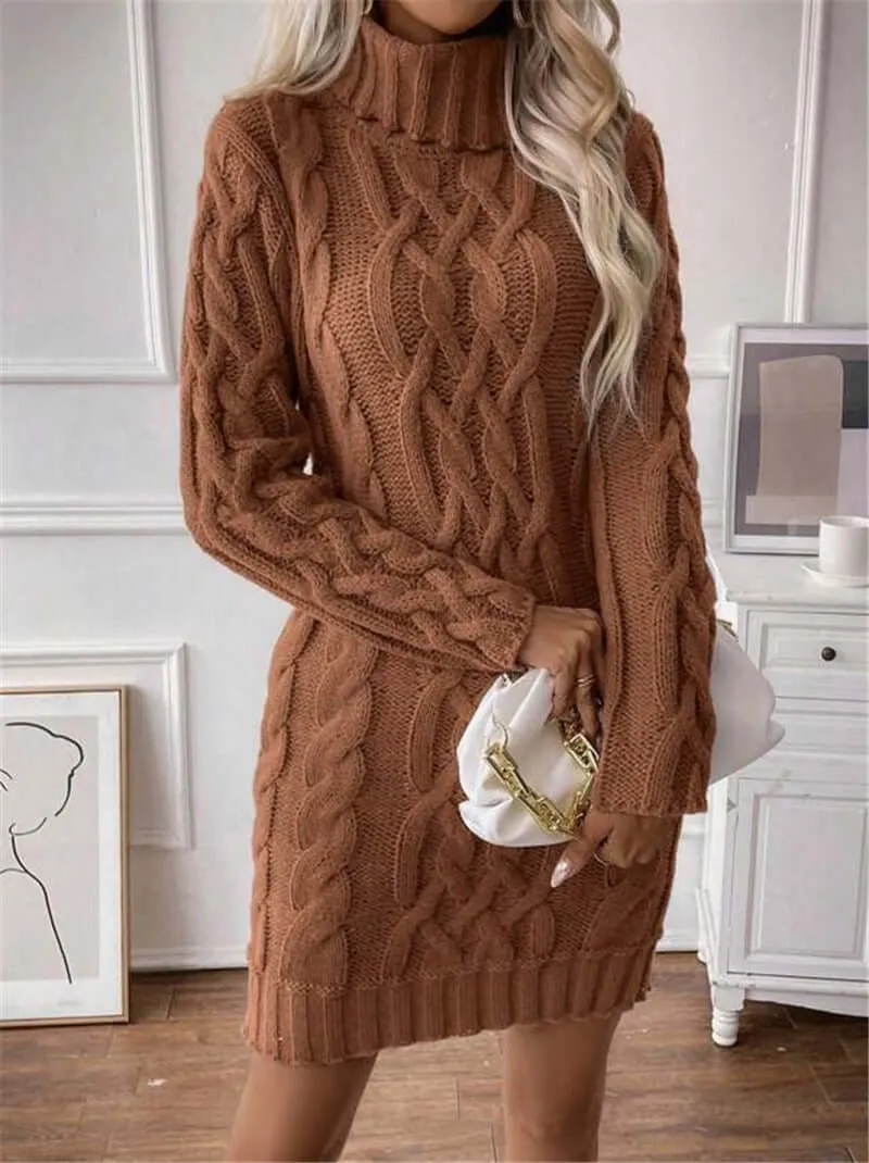 High Collar Slim Knitted Long Sweater dress